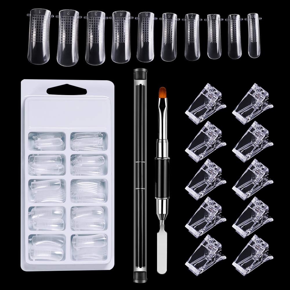 Poly Gel Quick Building Nail Set for Polygel Extension, 100pcs Dual Nail Forms with 10 pcs Acrylic Nail Clips and 1pcsDual-Ended Poly Extension Gel Brush & Picker for Home Salon