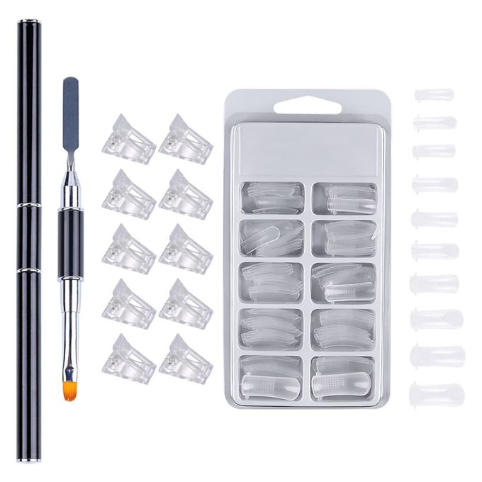 Poly Gel Quick Building Nail Set for Polygel Extension, 100pcs Dual Nail Forms with 10 pcs Acrylic Nail Clips and 1pcsDual-Ended Poly Extension Gel Brush & Picker for Home Salon