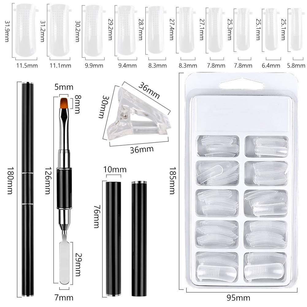 Poly Gel Quick Building Nail Set for Polygel Extension, 100pcs Dual Nail Forms with 10 pcs Acrylic Nail Clips and 1pcsDual-Ended Poly Extension Gel Brush & Picker for Home Salon