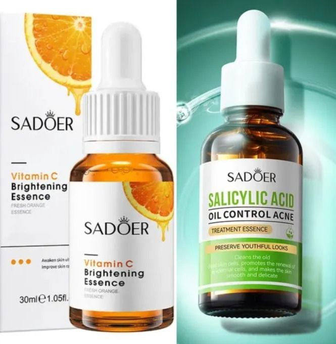 2 Piecs -Vitamin C Face Brightening Serum And Salicylic Acid Acne Treatment Essence, Control Face Oil and removes Blackheads, Brightens Face, Fades Black Spots, Moisturize Face, Anti Wrinkles