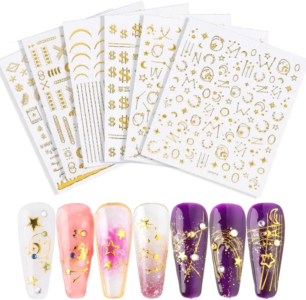 Nail Art Stickers Decals Star Nail Supplies Luxury 3D Self-Adhesive Sheets Star Metallic Money Flower Line Nail Designs for Women Acrylic Nai  Nail Stickers for Nail Art Accessories Nail Decorations