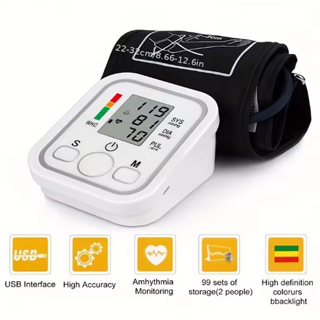Electronic Digital Blood Pressure Machine Monitor for Arm – Accurate Heartbeat & Pulse Tracking with USB Charging Cable Included