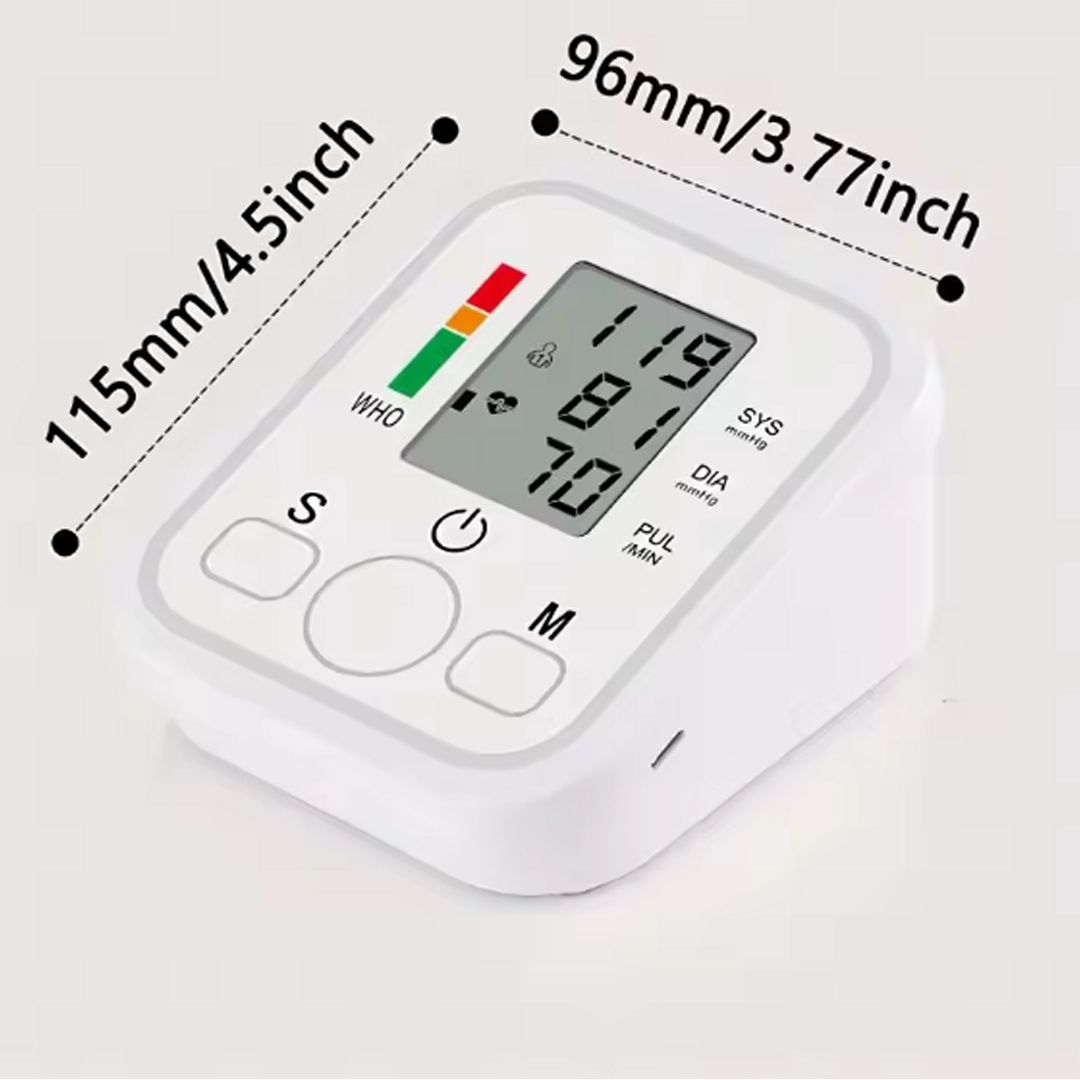 Electronic Digital Blood Pressure Machine Monitor for Arm – Accurate Heartbeat & Pulse Tracking with USB Charging Cable Included