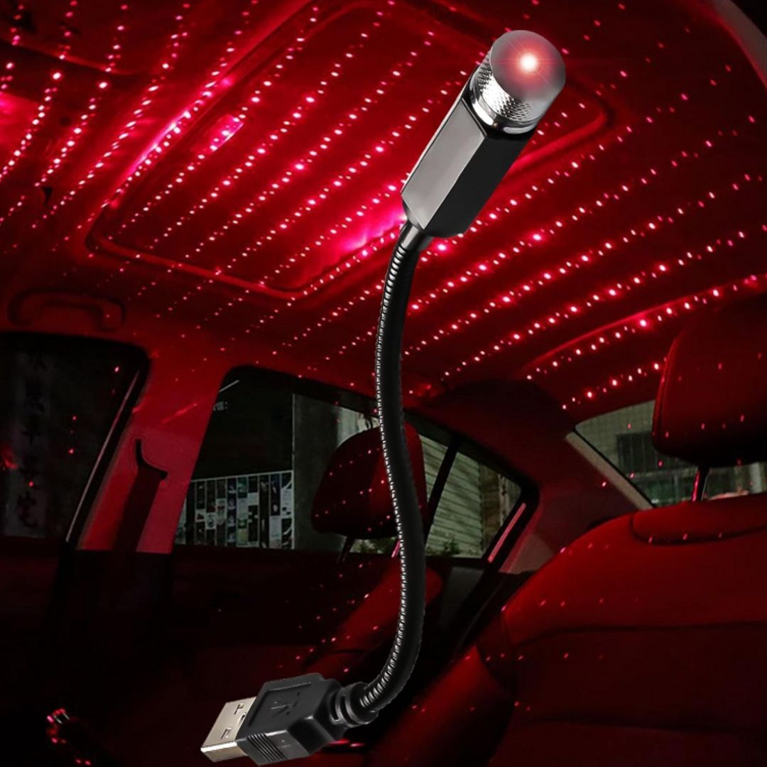 USB Star Projector Night Light, Adjustable Romantic Starry Sky Projector Car Light, Portable Atmosphere Decorative Auto Roof Light for Bedroom, Car, Party, Wall, Ceiling (Red)
