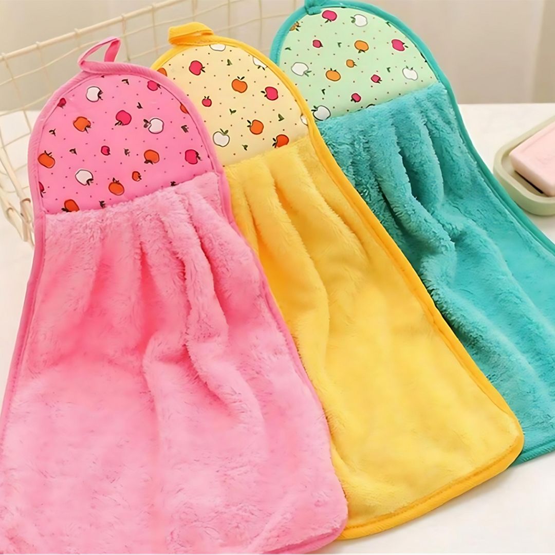 3 Pack Cartoon Hanging Hand Towels – Super Absorbent Coral Fleece Dish Cloth for Kitchen & Bathroom, Soft & Thick Cleaning Rag
