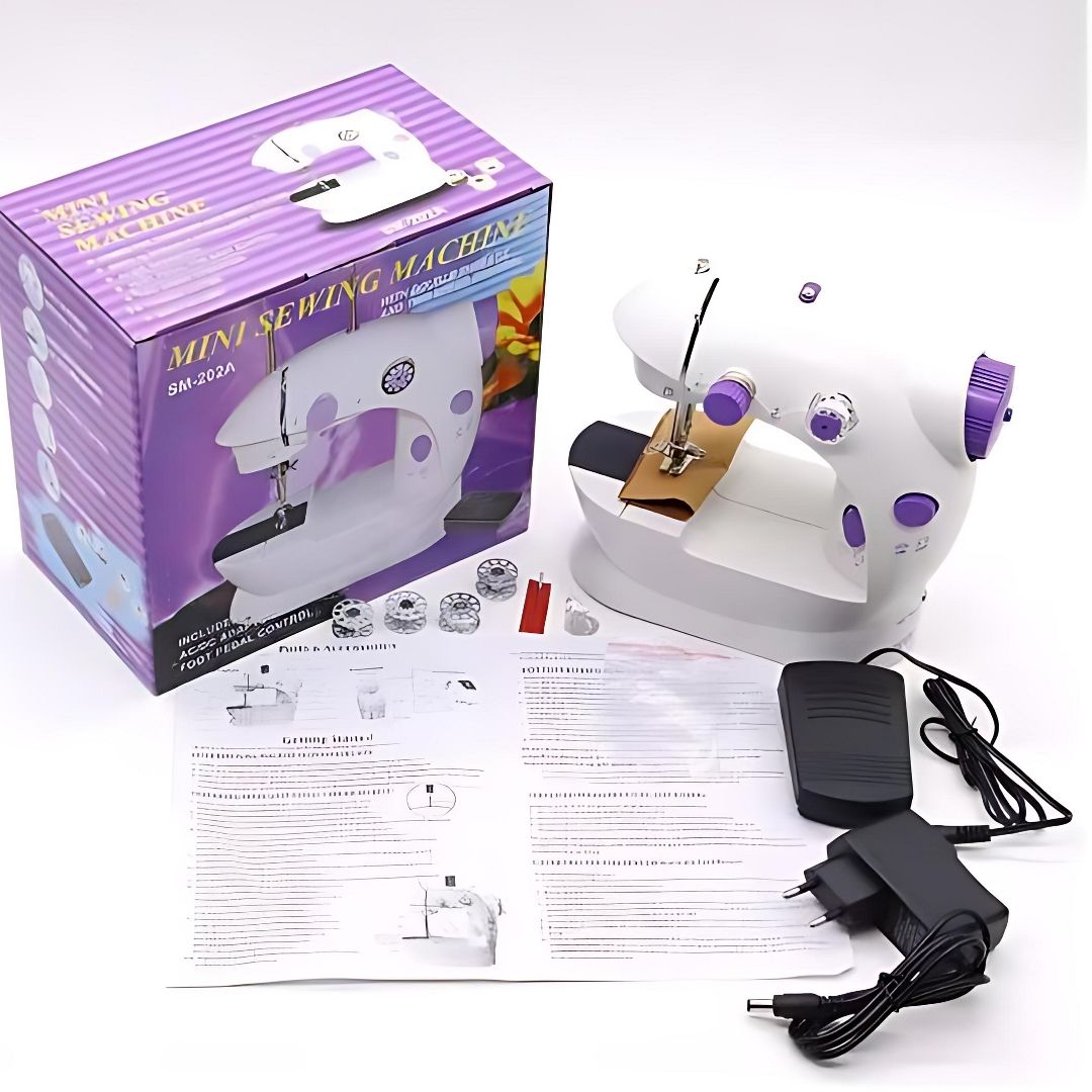 Portable Mini Sewing Machine SM-202A with Foot Pedal & Adapter – Dual Speed, Thread Cutter, Bobbins & Accessories Included – Compact Electric Stitching Tool for Home & DIY Crafts