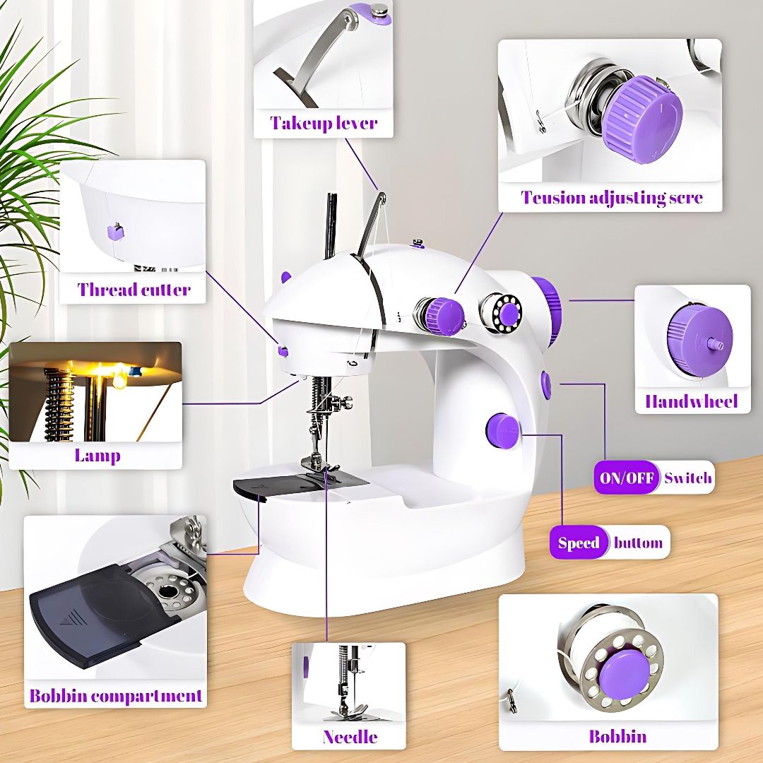 Portable Mini Sewing Machine SM-202A with Foot Pedal & Adapter – Dual Speed, Thread Cutter, Bobbins & Accessories Included – Compact Electric Stitching Tool for Home & DIY Crafts