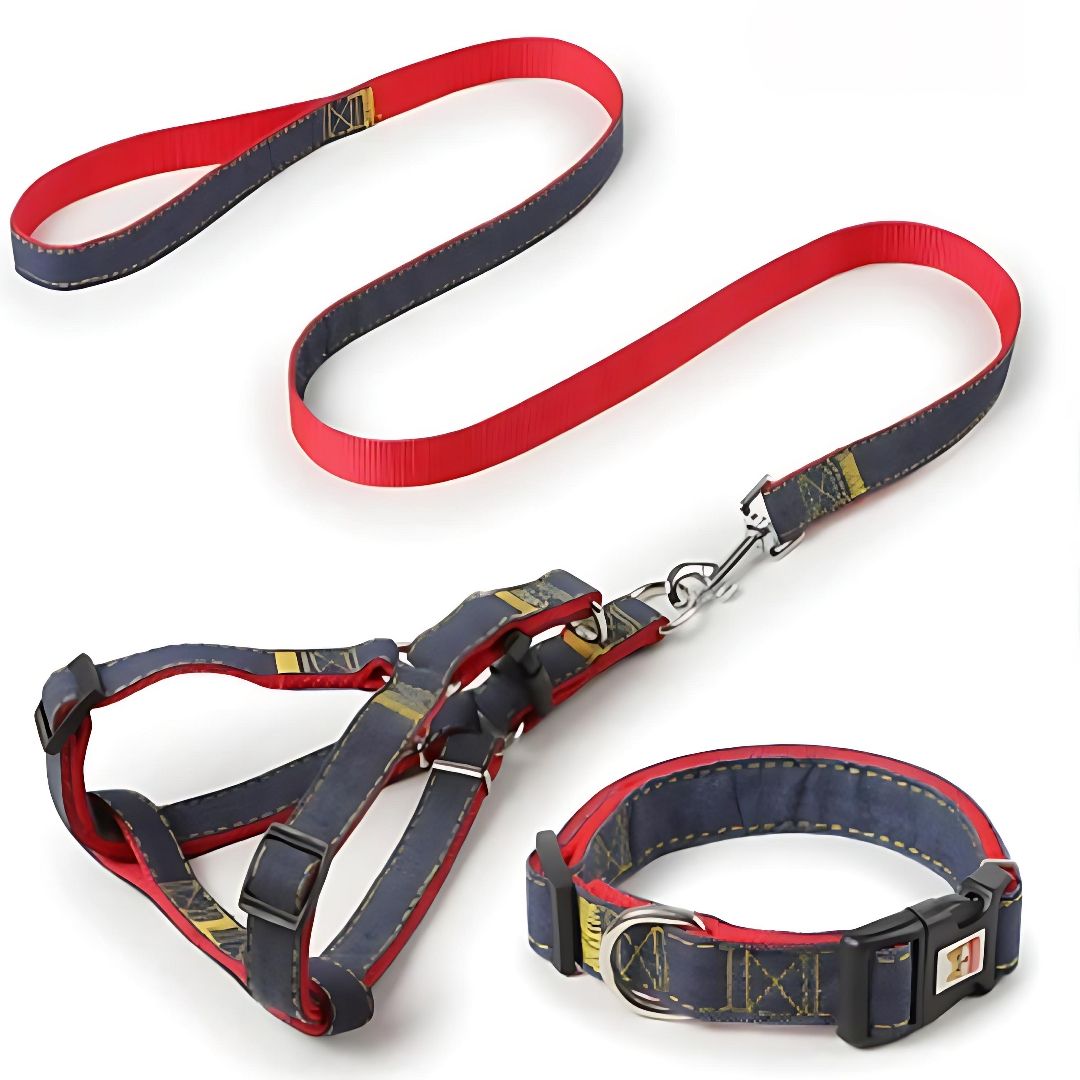 3-Piece Pet Dog Harness and Leash Set – Adjustable Denim Chest Harness, Collar, and Traction Rope for Walking and Training – Durable Pet Supplies