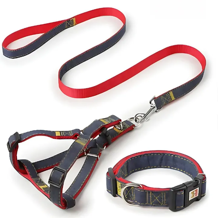 3-Piece Pet Dog Harness and Leash Set – Adjustable Denim Chest Harness, Collar, and Traction Rope for Walking and Training – Durable Pet Supplies