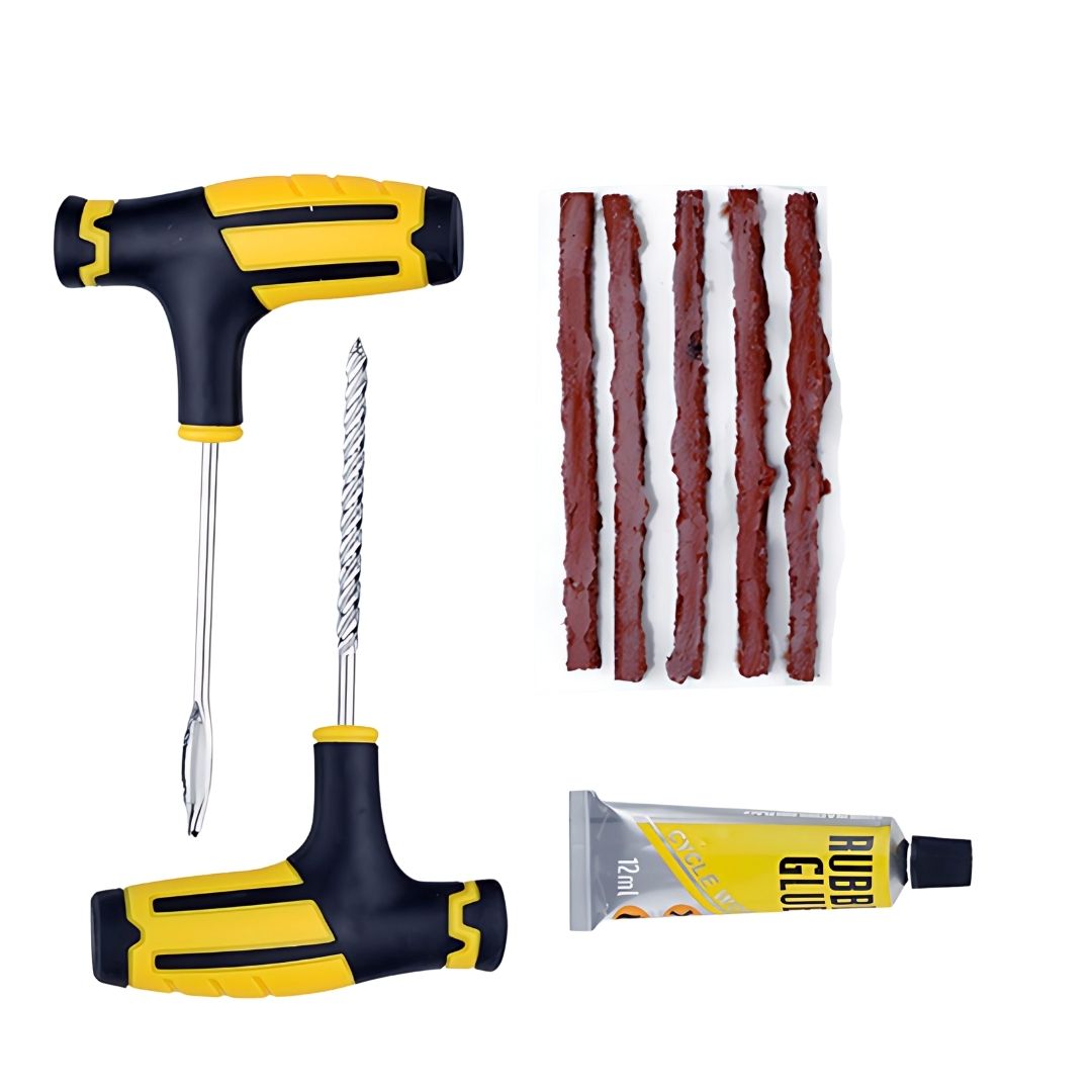 Universal Car Tire Repair Kit with Heavy Duty T-Handle Tools, Rubber Plugs and Solution – Quick, Easy Puncture Fix for Cars, Motorcycles, Bicycles, Trucks and Emergency Roadside Repairs