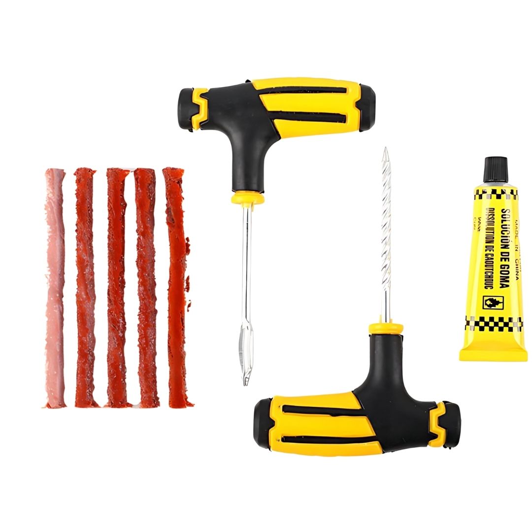 Universal Car Tire Repair Kit with Heavy Duty T-Handle Tools, Rubber Plugs and Solution – Quick, Easy Puncture Fix for Cars, Motorcycles, Bicycles, Trucks and Emergency Roadside Repairs