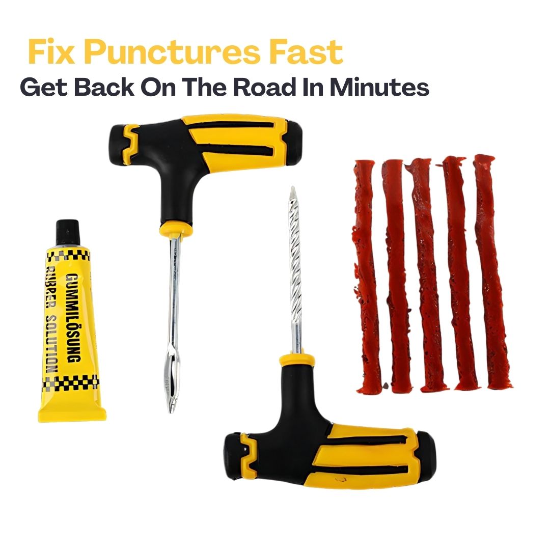 Universal Car Tire Repair Kit with Heavy Duty T-Handle Tools, Rubber Plugs and Solution – Quick, Easy Puncture Fix for Cars, Motorcycles, Bicycles, Trucks and Emergency Roadside Repairs