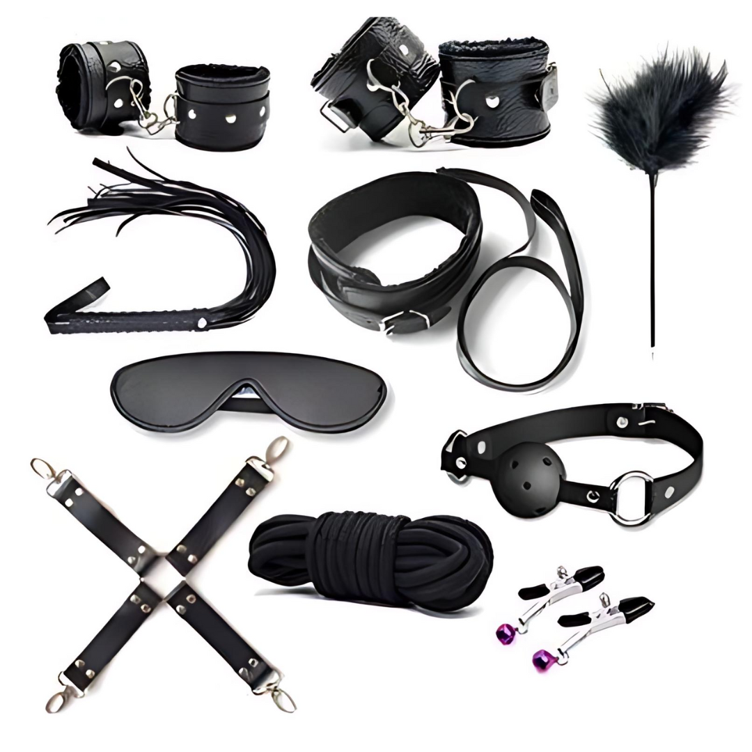Complete 10-Piece Bondage Restraint Kit for Couples – Includes Adjustable Handcuffs, Ankle Cuffs, Rope, Collar, Whip, Blindfold, Ball Gag, Cross Restraint, Feather Tickler & Nipple Clamps