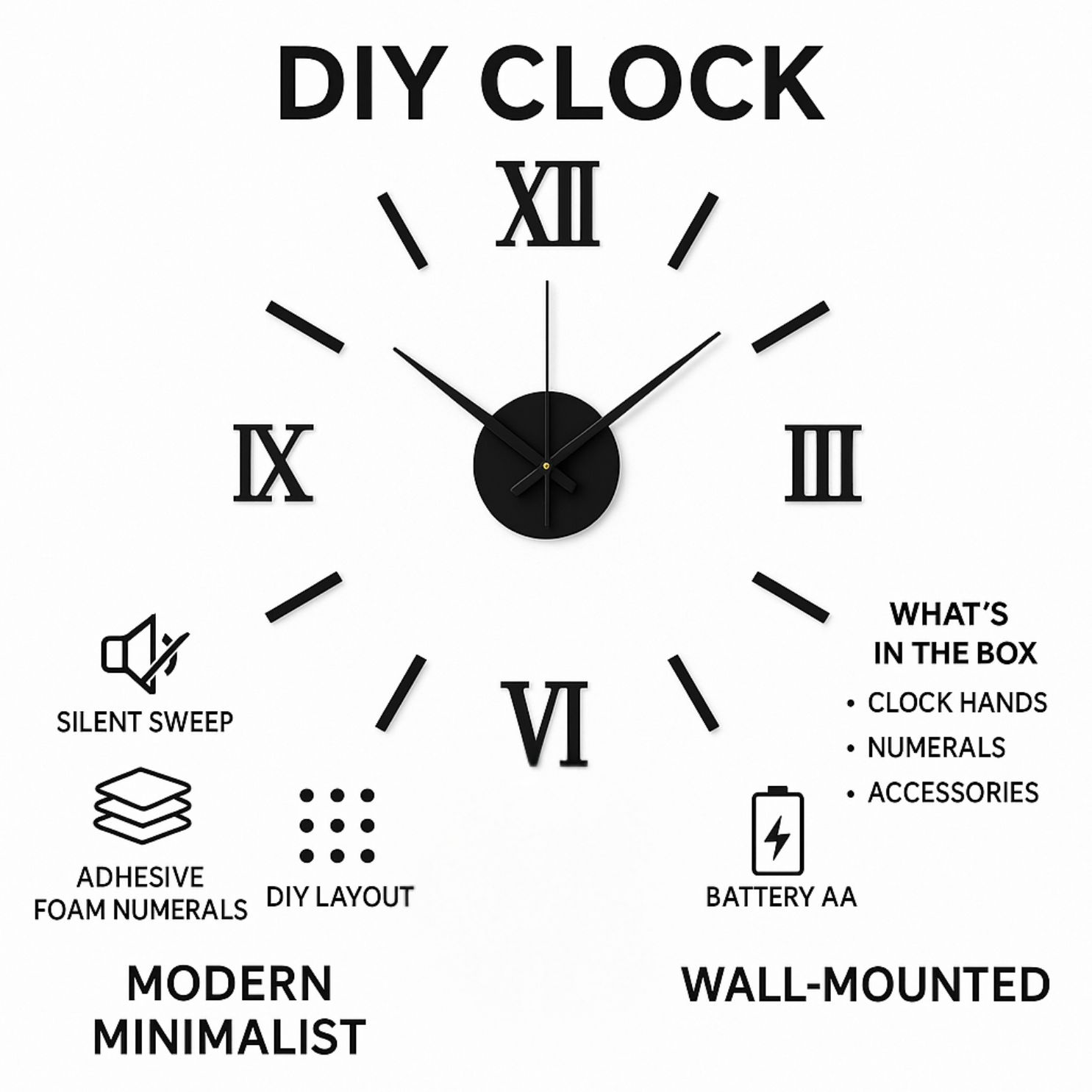 Roman Creative Acrylic 3D Wall Clock – Silent Movement DIY Sticker Design with Large Roman Numerals for Living Room, Bedroom, Office, or Hotel Decor – Modern Black 16 Inch Wall Clock, Easy to Install