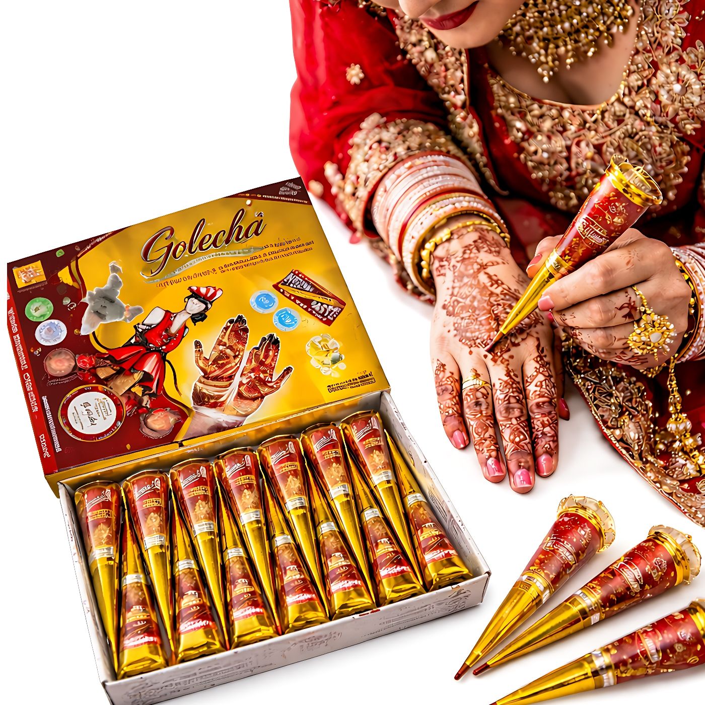 GOLECHA Premium Henna Cone Set with Rich Natural Mehndi Paste for Bridal Hands, Festivals, Traditional Body Art, Fine Line Detailing, Long-Lasting Color and Smooth Application