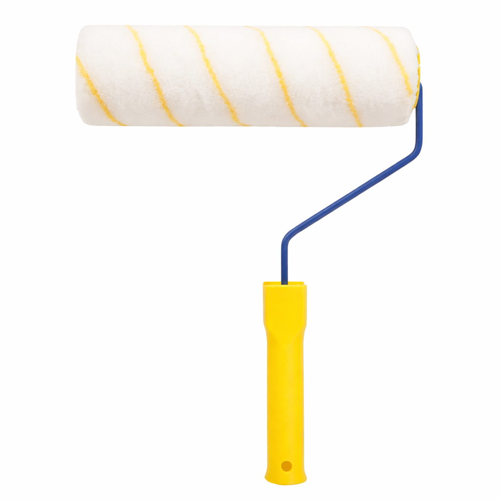 9-Inch Yellow Stripe Paint Roller featuring a soft microfiber roller cover, dual-bearing smooth rotation, ergonomic non-slip handle, and high paint absorption for fast, even wall and ceiling painting