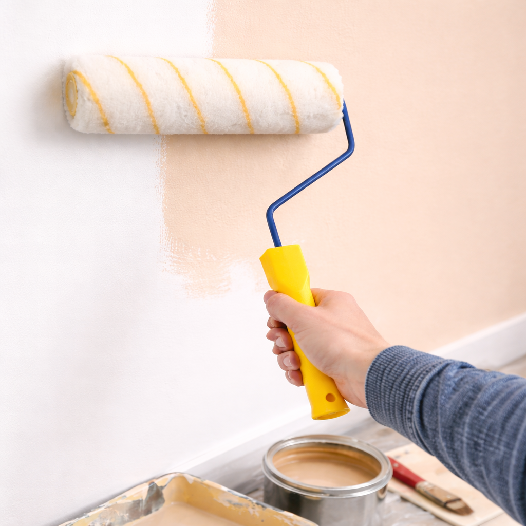 9-Inch Yellow Stripe Paint Roller featuring a soft microfiber roller cover, dual-bearing smooth rotation, ergonomic non-slip handle, and high paint absorption for fast, even wall and ceiling painting