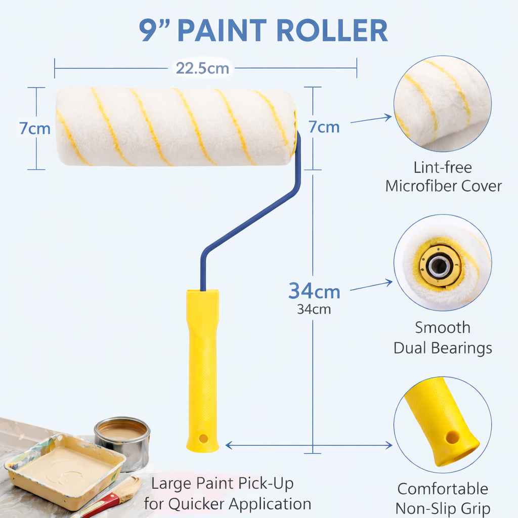 9-Inch Yellow Stripe Paint Roller featuring a soft microfiber roller cover, dual-bearing smooth rotation, ergonomic non-slip handle, and high paint absorption for fast, even wall and ceiling painting