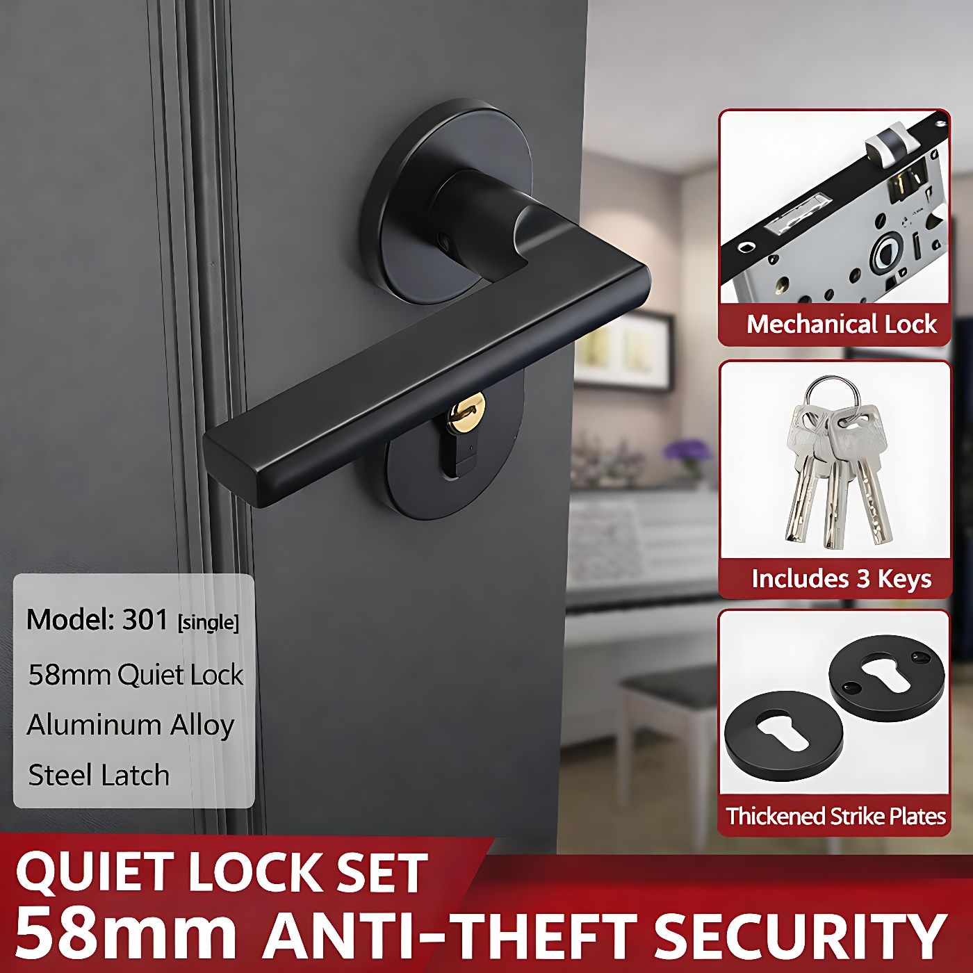 Premium Modern Black Door Handle Lock Set with 145mm Lever and 54mm Rosette, Designed for Smooth Operation, Enhanced Security, and a Stylish Look for Bedrooms, Offices, Interior Doors