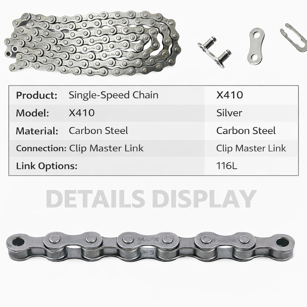 X410 Single Speed Bicycle Chain with 116 Links Made from Durable Carbon Steel, Smooth and Wear-Resistant Design, Includes Clip Master Link for Easy Installation, Ideal for Single Speed Bikes, BMX, Fix
