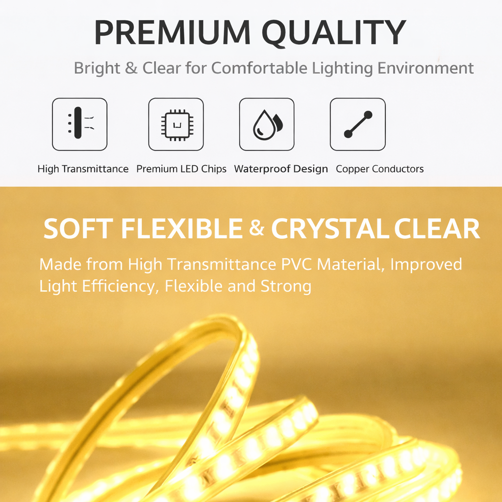 5 Meter LED Strip Light 110V/220V Warm White High Brightness Flexible Rope Light with Power Plug, IP65 Waterproof PVC Encased LED Strip for Indoor and Outdoor Decoration, Architectural and Industrial