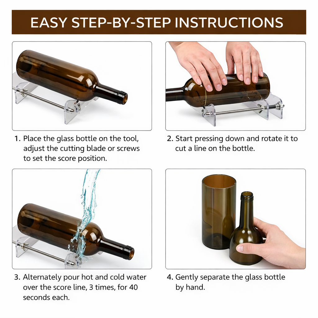 Adjustable Glass Bottle Cutter Tool Kit for Wine, Beer and Glass Bottles, DIY Recycling and Craft Cutting System with Stable Base, Precision Cutting Blade and Easy Step-by-Step Operation for Home