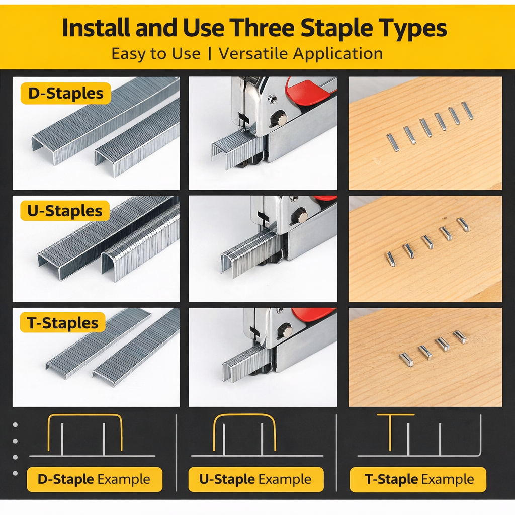 3-in-1 Heavy Duty Staple Gun + 3000 Staples Compatible with T, U and D Staples, Adjustable Depth Manual Stapler for Upholstery, Woodworking, Carpentry, Furniture Repair and DIY Projects