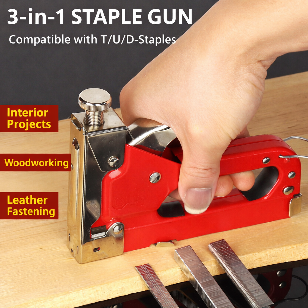 3-in-1 Heavy Duty Staple Gun + 3000 Staples Compatible with T, U and D Staples, Adjustable Depth Manual Stapler for Upholstery, Woodworking, Carpentry, Furniture Repair and DIY Projects