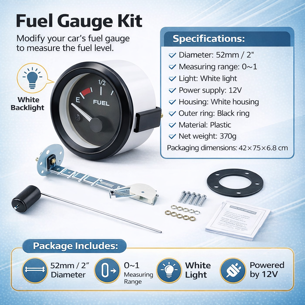 52mm Universal Car Fuel Gauge Kit with Fuel Sender, 12V White Backlight Fuel Level Meter, Black Bezel & White Housing, Accurate Oil/Fuel Level Indicator for Cars, Trucks, Boats and Custom Dash Install