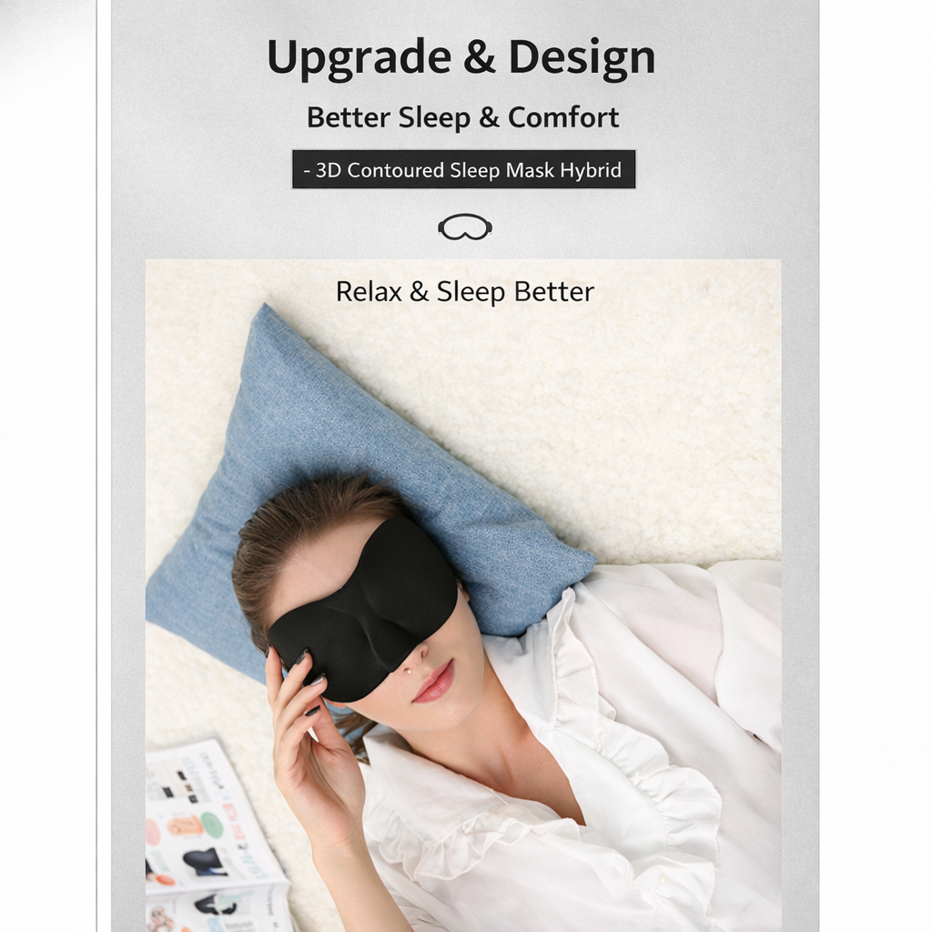 3D Contoured Sleep Eye Mask with Advanced Nose Shield, Total Light Blocking Design, Soft Breathable Fabric, Pressure-Free Eye Cups and Adjustable Elastic Strap for Travel, Home and Office Rest