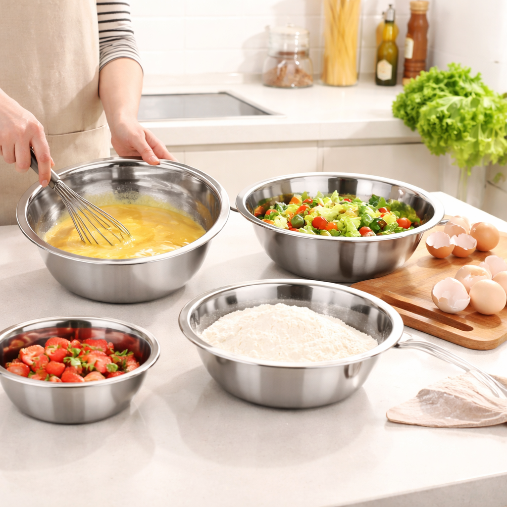 Stainless Steel Mixing Bowls Set with Nesting Design, Durable Kitchen Bowls for Cooking, Baking, Mixing, Food Preparation and Serving, Rust Resistant, Easy to Clean and Dishwasher Safe for Everyday