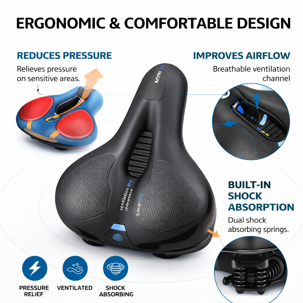 Bicycle Cushion Bike Seat Saddle with Soft Memory Foam Padding, Hollow Ventilation Channel, Dual Shock Absorbing Springs, Rear Safety Light, Wide Comfortable Design for Mountain Bike, Road Bike