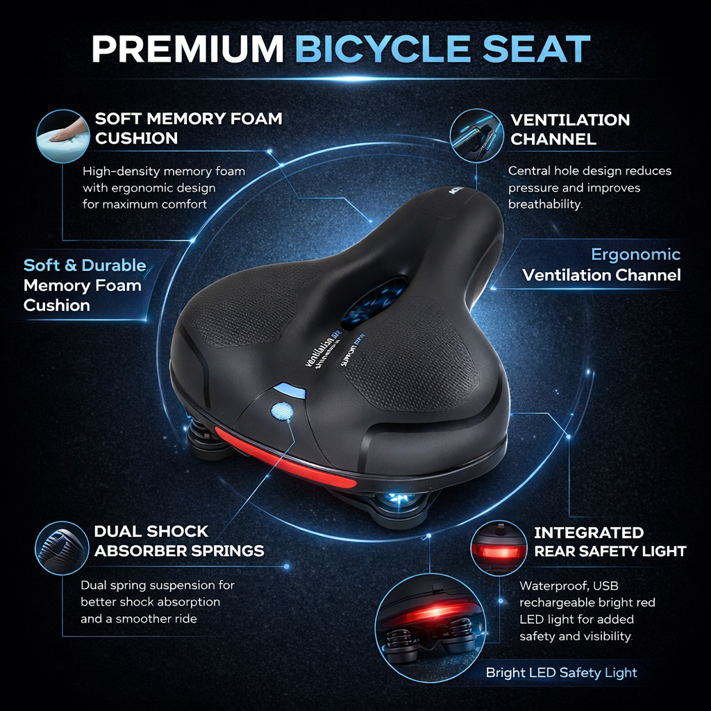 Bicycle Cushion Bike Seat Saddle with Soft Memory Foam Padding, Hollow Ventilation Channel, Dual Shock Absorbing Springs, Rear Safety Light, Wide Comfortable Design for Mountain Bike, Road Bike