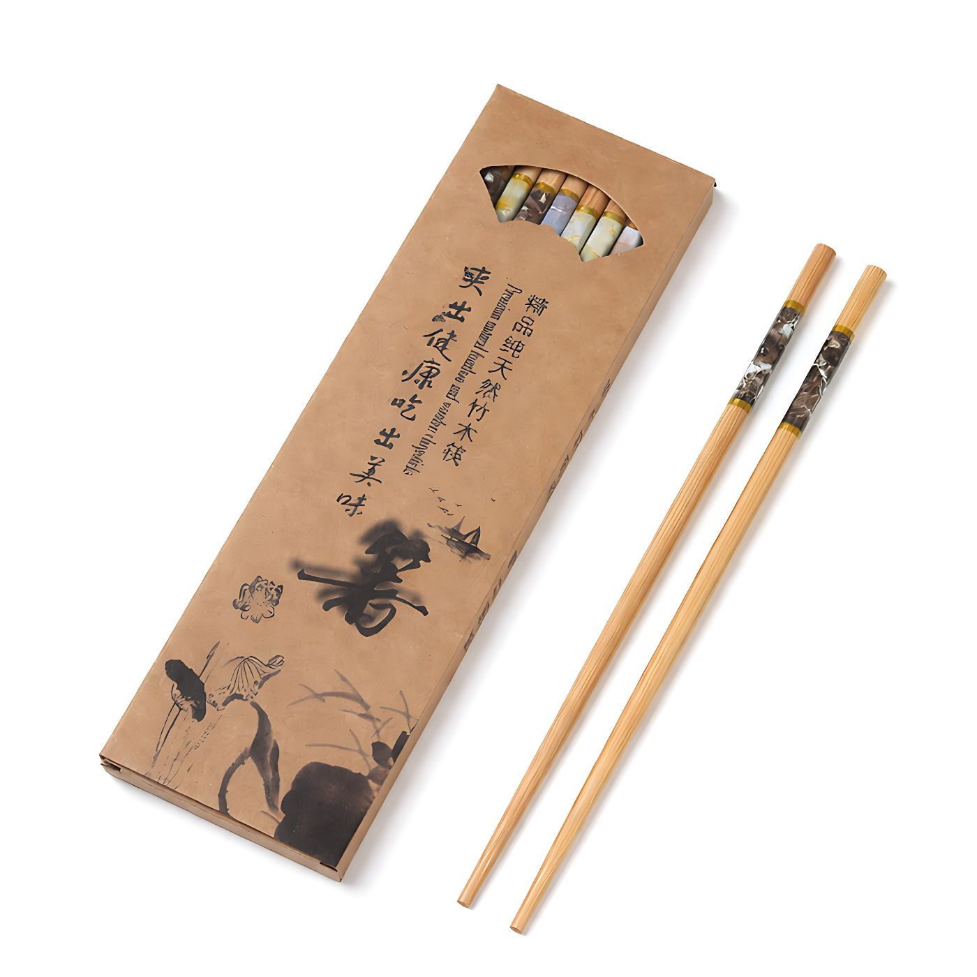 10 Pair Bamboo Chopsticks Set with Five-Color Marble Pattern, Mould-Free Natural Bamboo Chopsticks for Household, Hotel and Restaurant Use, Chopsticks Set with Kraft Paper Gift Box Packaging