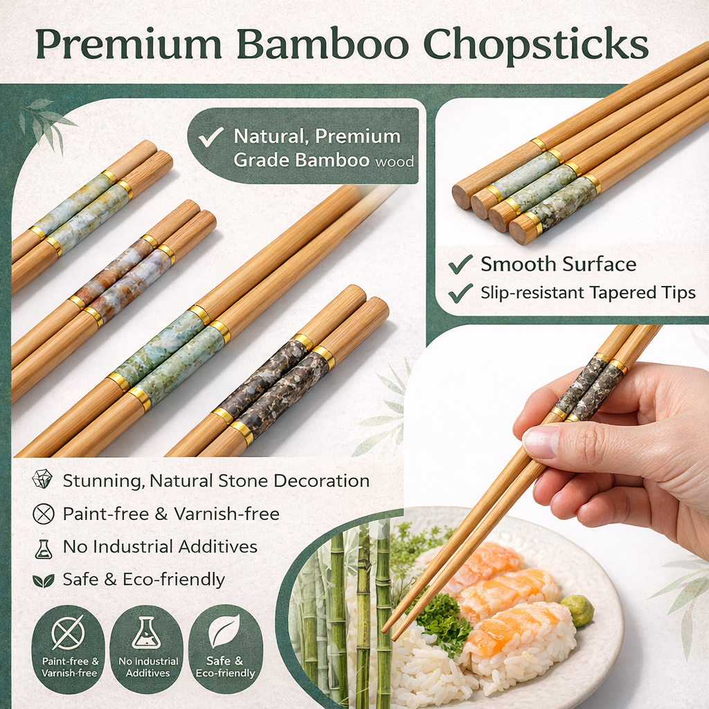 10 Pair Bamboo Chopsticks Set with Five-Color Marble Pattern, Mould-Free Natural Bamboo Chopsticks for Household, Hotel and Restaurant Use, Chopsticks Set with Kraft Paper Gift Box Packaging