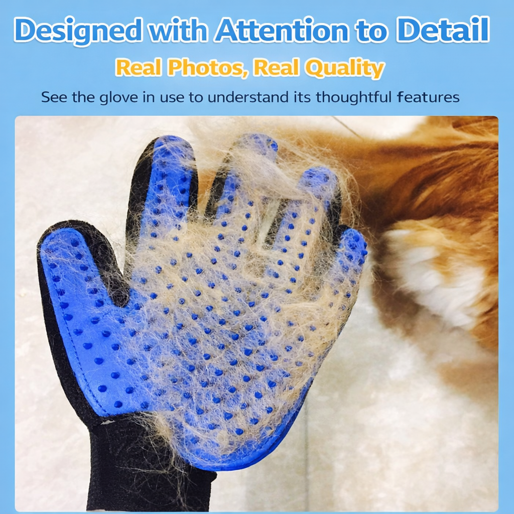 Pet Hair Removal Brush Cat and Dog Hair Removal Gloves right-hand pet grooming glove with soft silicone nubs for gentle fur removal, deshedding, and relaxing massage for cats and dogs.