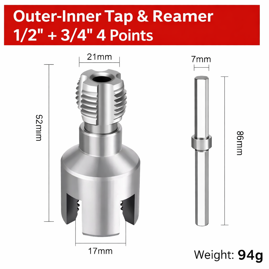Professional Water Pipe Threader Tool Outer-Inner Tap & Reamer Tool for 1/2” and 3/4” Pipes, Creates Clean Internal and External Threads on PVC and Plastic Pipes, Ideal for Plumbing Repair