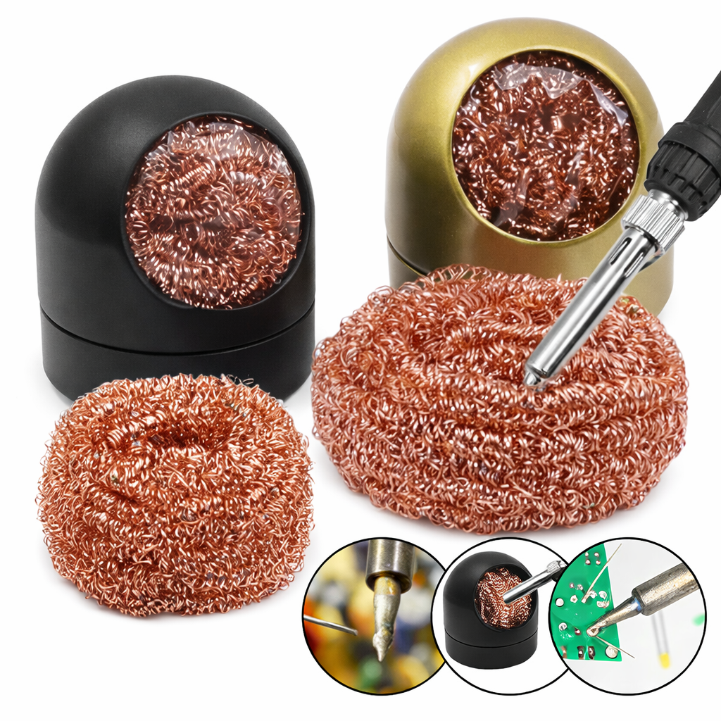 Solder Tip Cleaning Wire and Holder, Brass Sponge Soldering Iron Tip Cleaner with Base, No Water Required, Prevents Oxidation, Maintains Tip Temperature, Ideal for Electronics Repair, DIY, PCB Work an