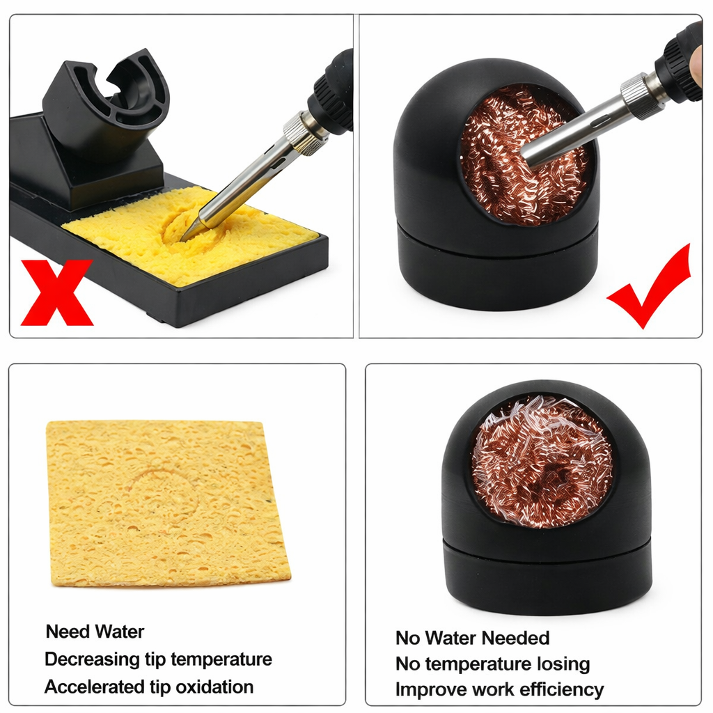 Solder Tip Cleaning Wire and Holder, Brass Sponge Soldering Iron Tip Cleaner with Base, No Water Required, Prevents Oxidation, Maintains Tip Temperature, Ideal for Electronics Repair, DIY, PCB Work an