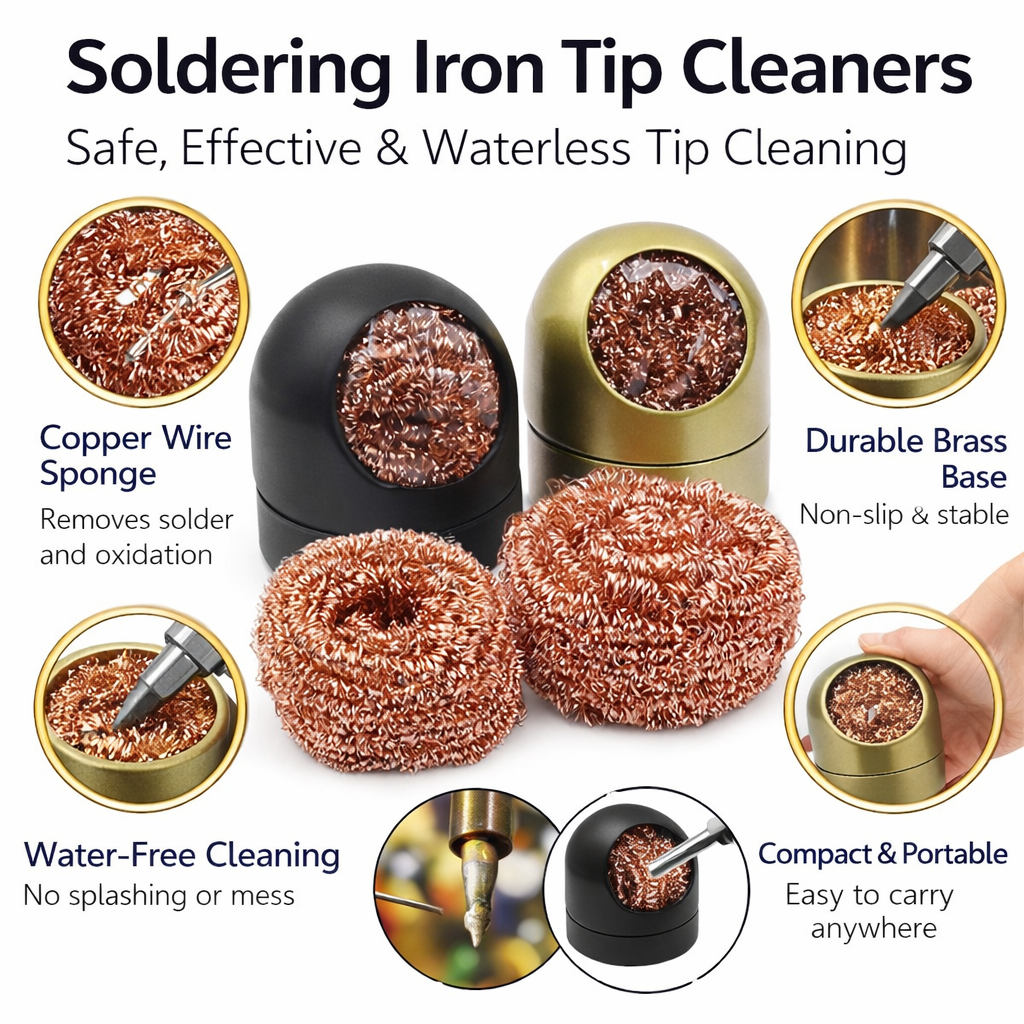 Solder Tip Cleaning Wire and Holder, Brass Sponge Soldering Iron Tip Cleaner with Base, No Water Required, Prevents Oxidation, Maintains Tip Temperature, Ideal for Electronics Repair, DIY, PCB Work an