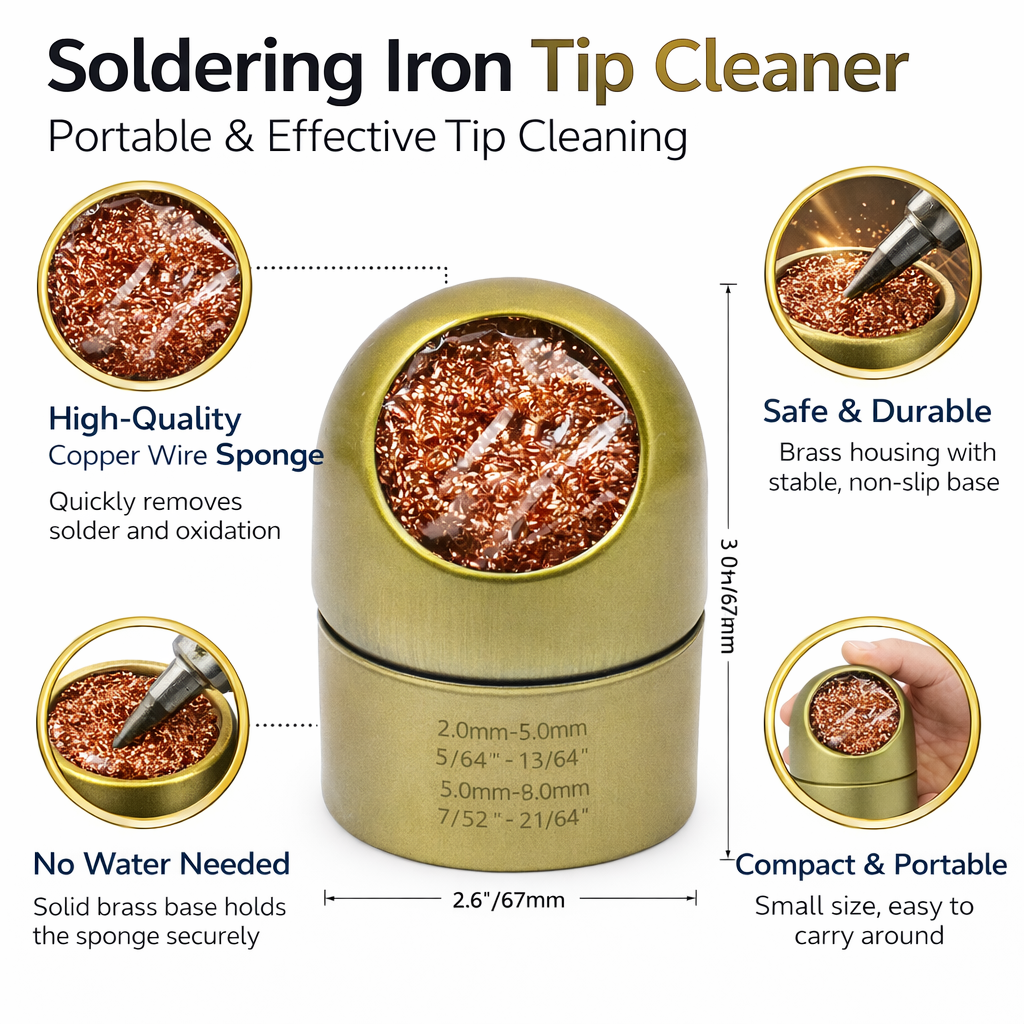 Solder Tip Cleaning Wire and Holder, Brass Sponge Soldering Iron Tip Cleaner with Base, No Water Required, Prevents Oxidation, Maintains Tip Temperature, Ideal for Electronics Repair, DIY, PCB Work an