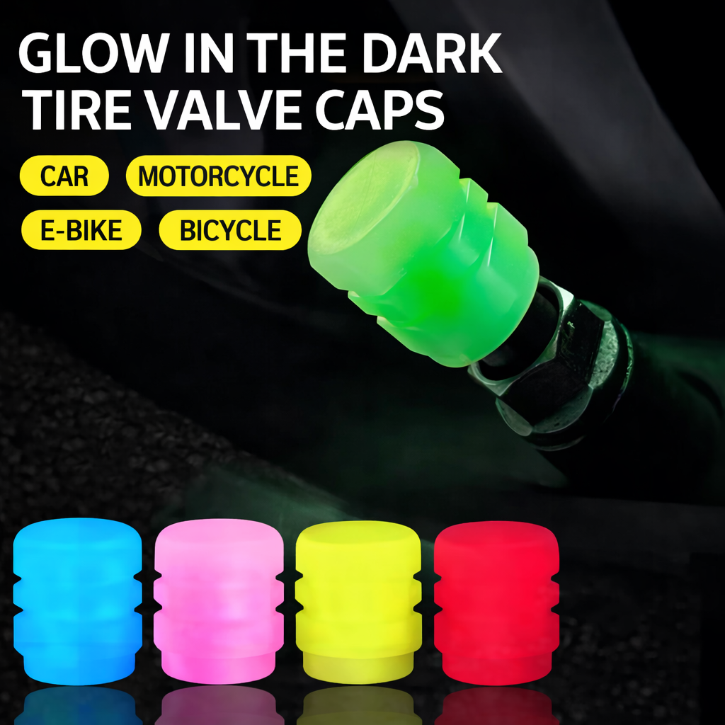 4pcs Luminous Valve Caps Fluorescent Glow in the Dark Tire Valve Stem Caps for Car, Motorcycle, Bicycle and E-Bike Wheels, Night Safety Decorative Wheel Tyre Hub Accessories