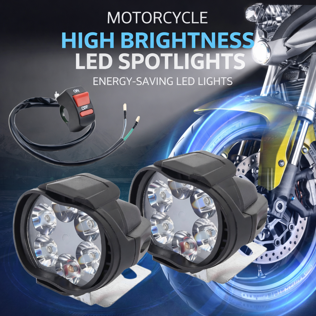 2PCS Motorcycle LED Headlights 6 LED Auxiliary Spotlights Fog Head Light Driving Lamp Set with ON/OFF Switch, High Brightness Waterproof Working Spot Lights for Motorcycles, Cars and Electric Vehicles