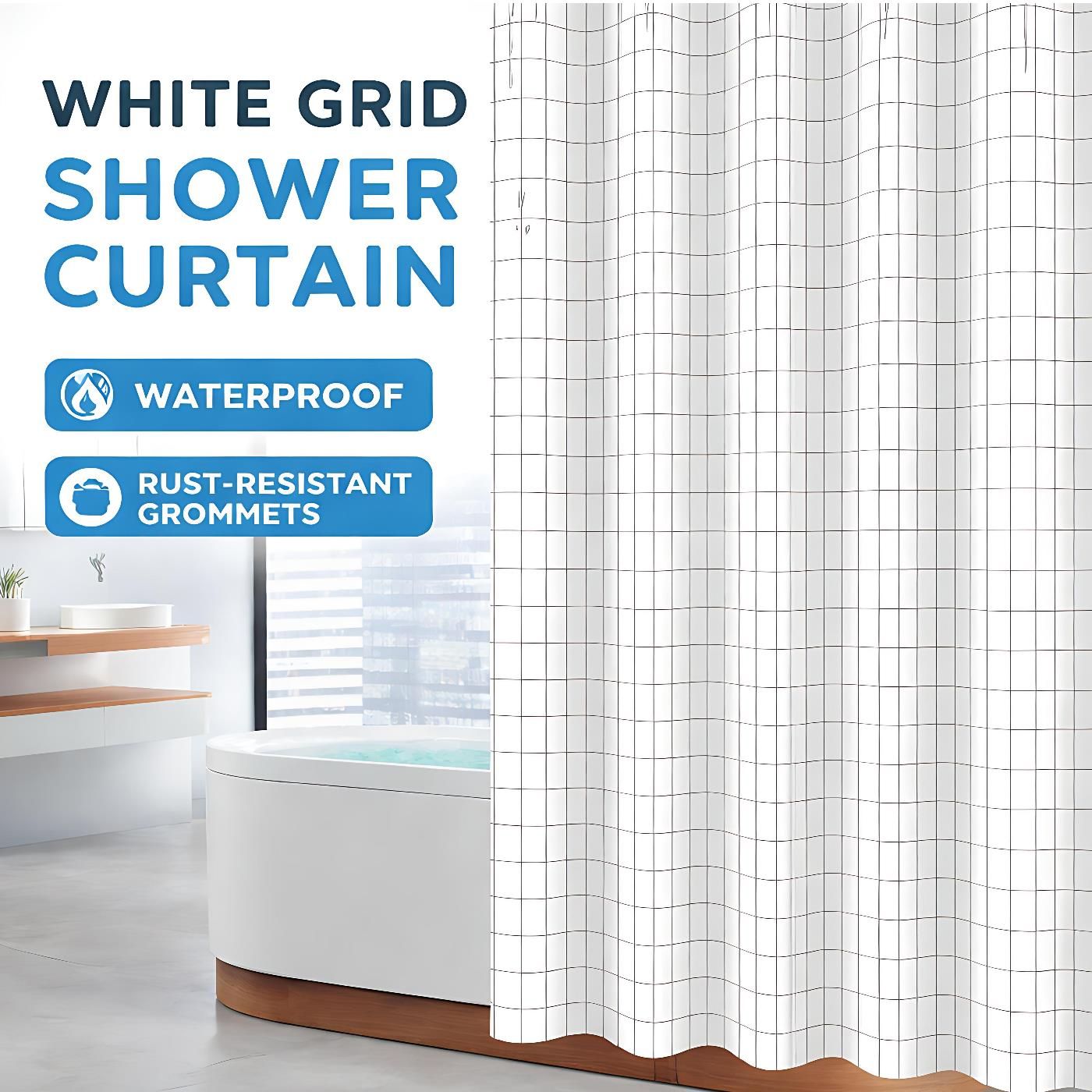 PEVA Shower Curtain for Bathroom, 180×200cm Waterproof Partition Curtain with Hooks Included, Modern Simple White Plaid Design, Lightweight 50gsm Material, Ideal for Home, Hotel and Guest Bathrooms