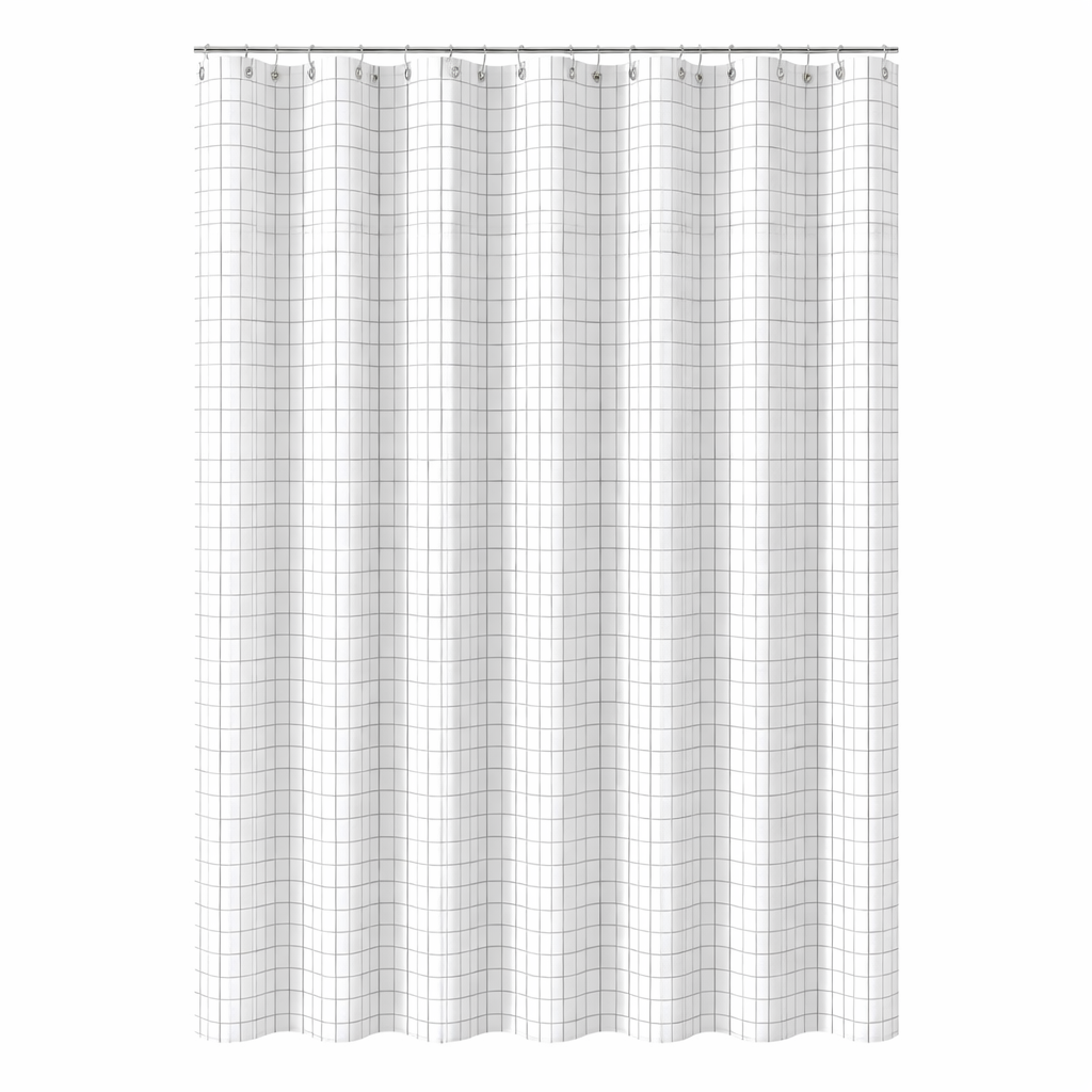 PEVA Shower Curtain for Bathroom, 180×200cm Waterproof Partition Curtain with Hooks Included, Modern Simple White Plaid Design, Lightweight 50gsm Material, Ideal for Home, Hotel and Guest Bathrooms