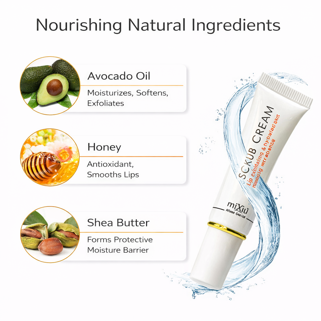 Natural Lip Scrub Cream with Avocado Oil, Honey and Shea Butter for Gentle Exfoliation, Removing Dead Skin, Deep Moisturizing, Repairing Dry Cracked Lips and Leaving Lips Soft, Smooth and Healthy Look