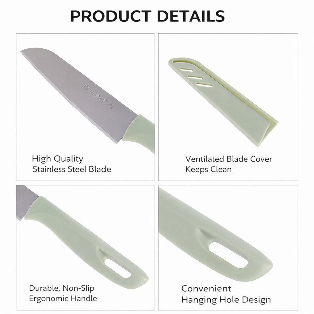 1 Piece Stainless Steel Knife with Protective Sleeve, Green Fruit and Vegetable Cutter for Home Kitchen Use, Portable Lightweight Sharp Blade Knife for Peeling, Slicing, and Everyday Food Knife Set