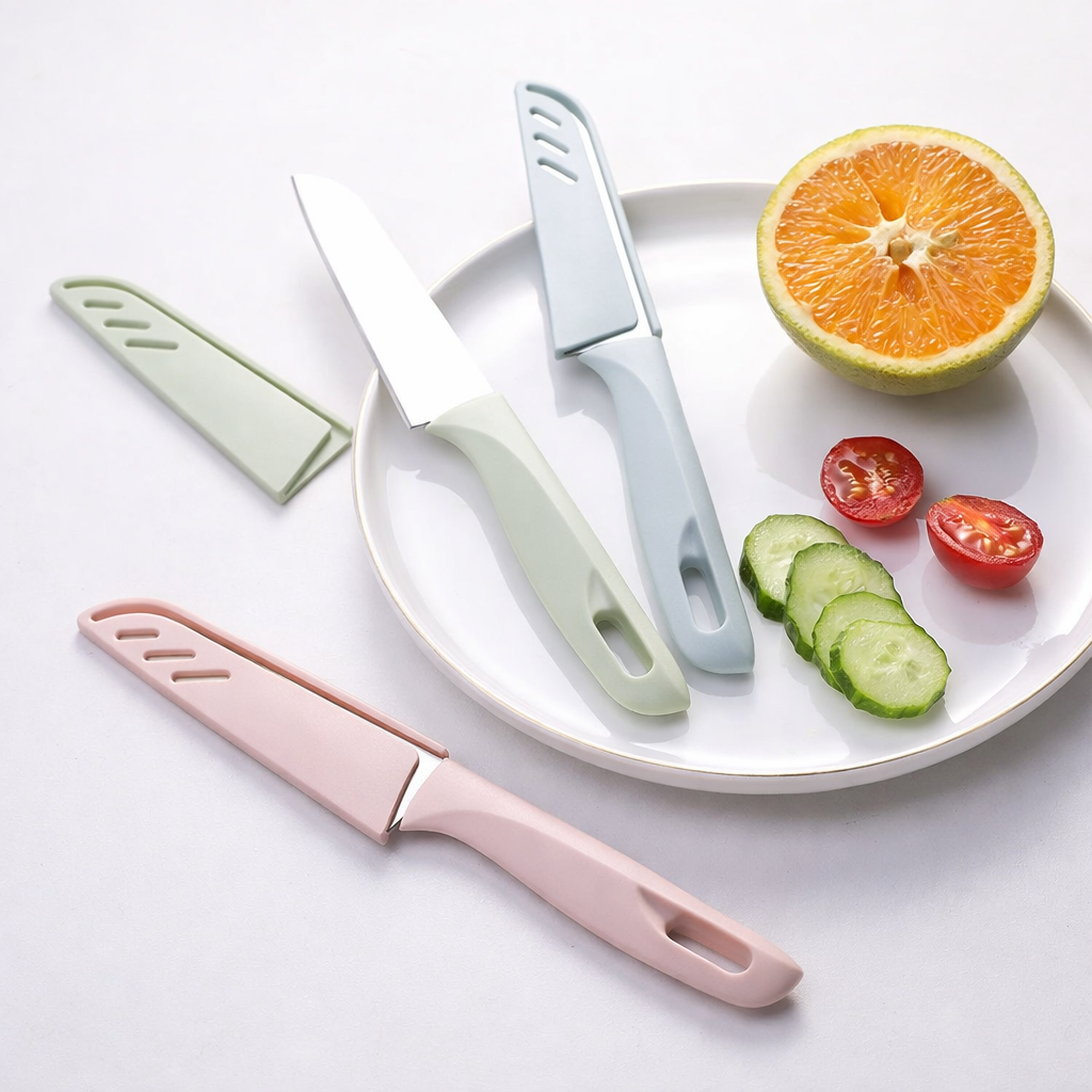 1 Piece Stainless Steel Knife with Protective Sleeve, Green Fruit and Vegetable Cutter for Home Kitchen Use, Portable Lightweight Sharp Blade Knife for Peeling, Slicing, and Everyday Food Knife Set