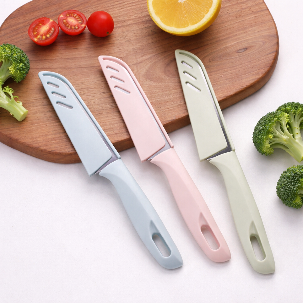 1 Piece Stainless Steel Knife with Protective Sleeve, Green Fruit and Vegetable Cutter for Home Kitchen Use, Portable Lightweight Sharp Blade Knife for Peeling, Slicing, and Everyday Food Knife Set