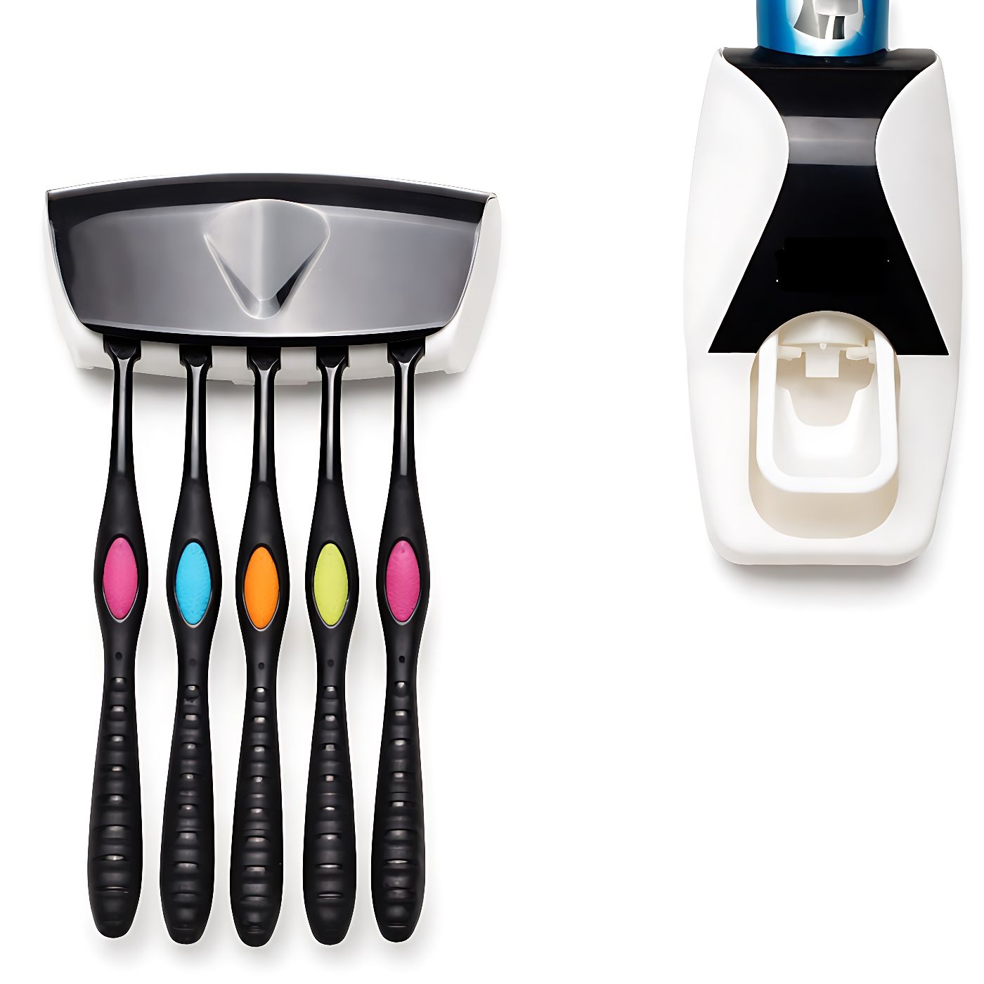 Wall Mounted Toothbrush Holder and Automatic Toothpaste Dispenser Set, No Drill Bathroom Organizer with Hands Free Toothpaste Squeezer, Holds Multiple Toothbrushes for Family Use